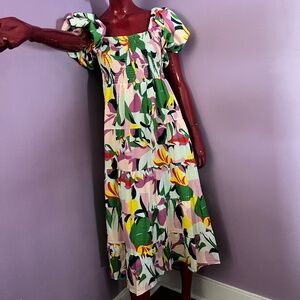 Tropical Floral Smocked Puff Sleeve Midi Dress